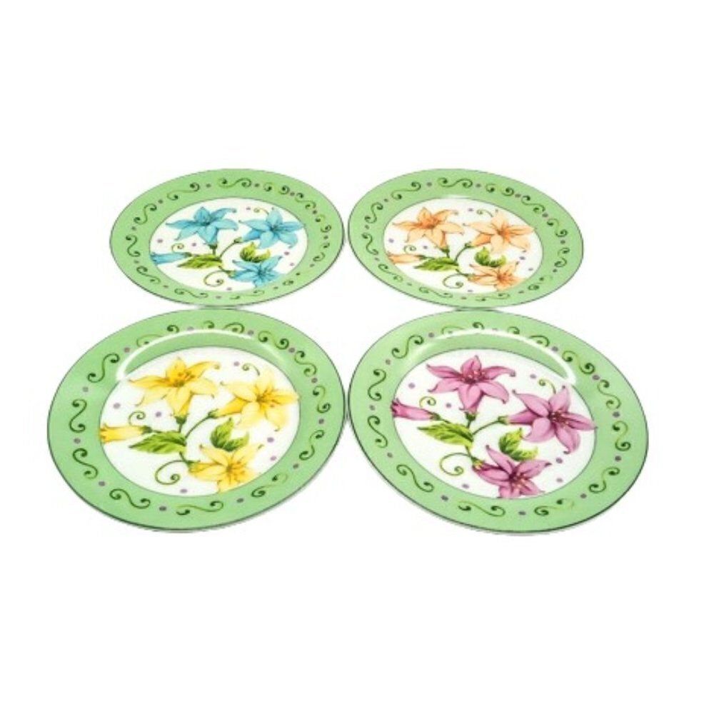 Set of 4 I. Godinger Green Rim Floral 7.5-Inch Salad Dessert Plates